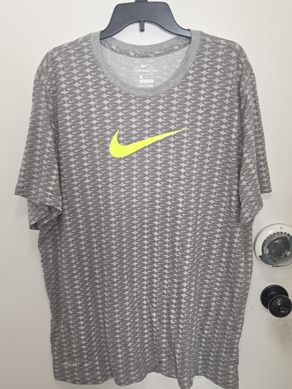 Nike Gray Short Sleeve Dri-FIT Tee with Neon Yellow Swoosh
